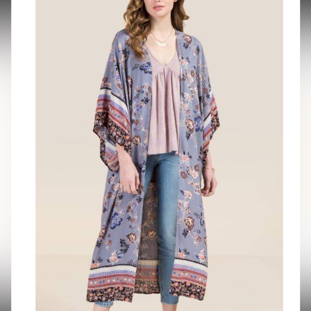 Angie Kimono Duster Women Large Blue Floral Boho Hippie Festival Vacation Beach